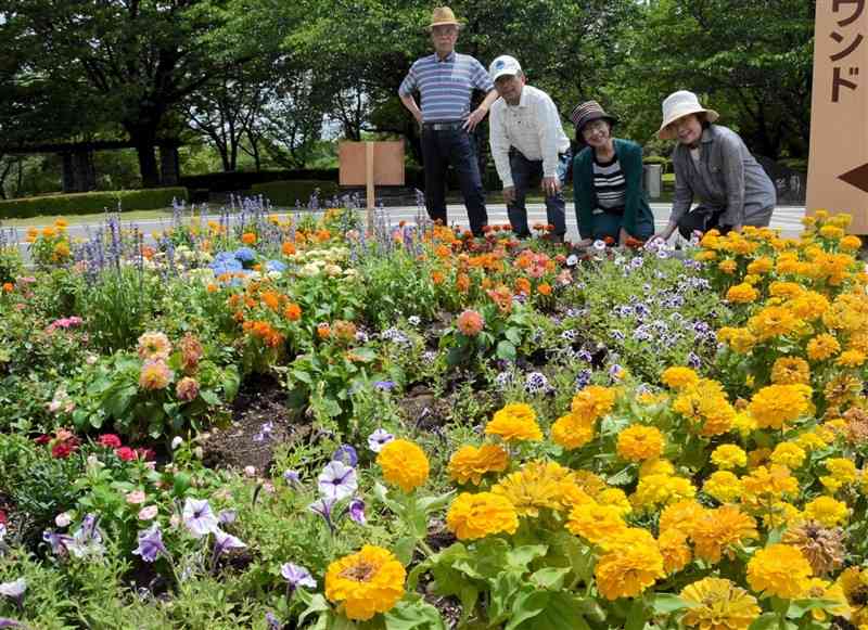 植栽後も花壇を見守る荒木記代美さん（右端）ら＝菊池市