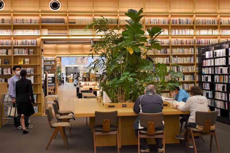 洗練されたデザインと観葉植物のある落ち着いた空間で、読書が楽しめる不知火美術館・図書館＝宇城市
