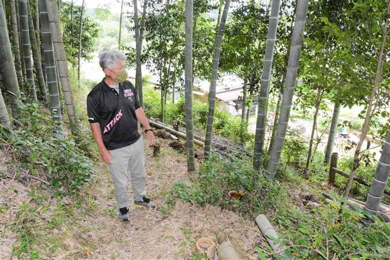 峯集落と島田集落を結ぶ小道を歩く地下一郎さん。平地の道路が冠水した場合の避難路として使う＝7日、球磨村