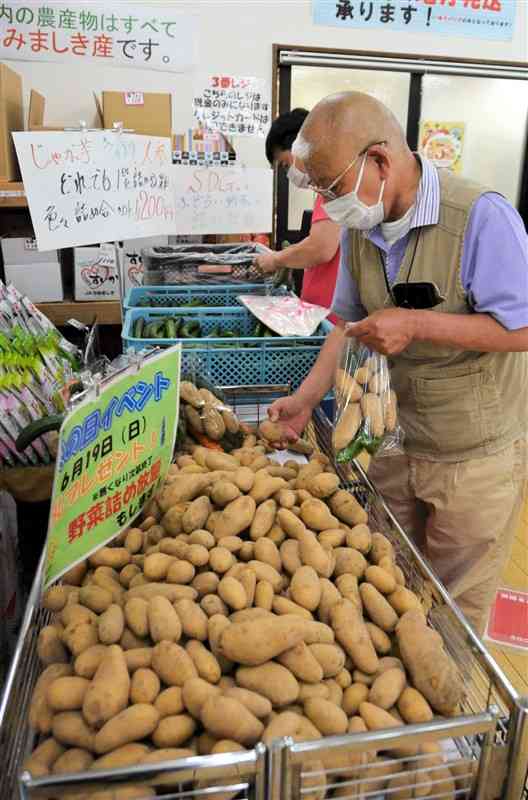 多くの買い物客でにぎわった規格外野菜の詰め放題イベント＝嘉島町