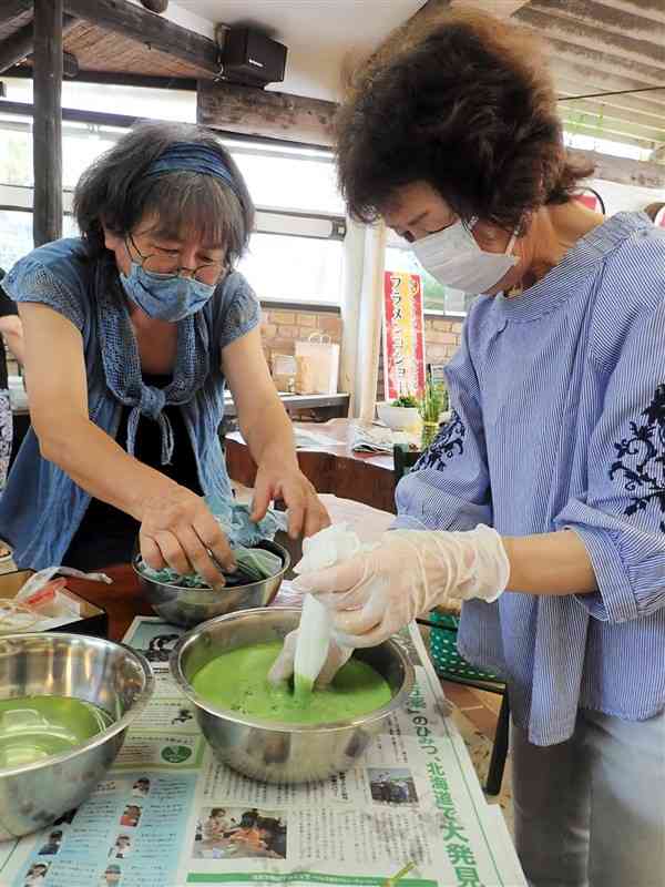 金刺宏子さん（左）に教わりながら、藍の葉の液で生地を染める参加者＝水俣市