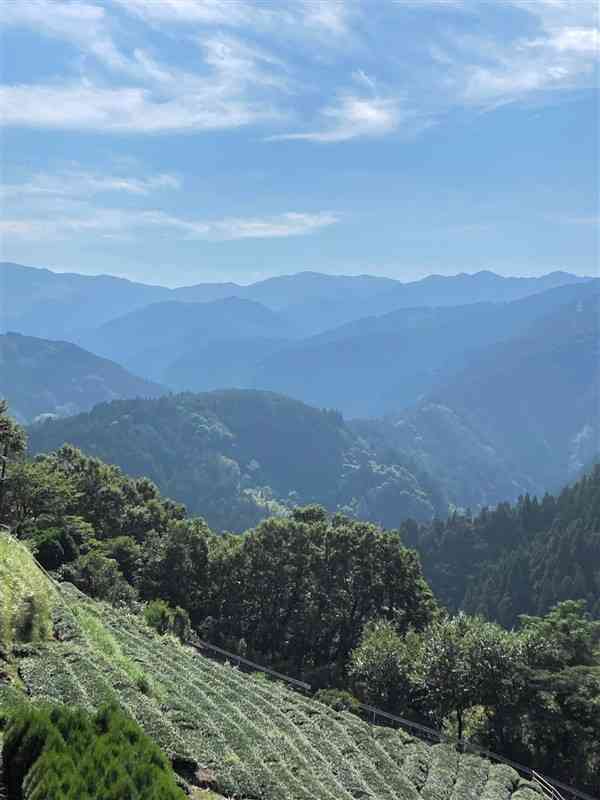 矢山岳山頂に向かう途中、九州山地方面を望む見晴らしのいい場所に出た。山々が折り重なるように連なっている