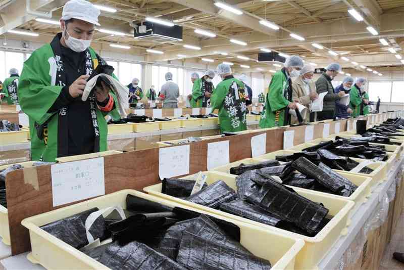 県漁連が開いた県産乾のりの入札会で、色や艶を確かめる業者ら＝2019年12月、熊本市西区