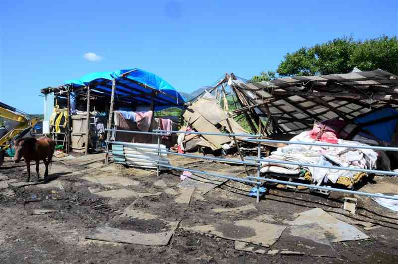 台風14号の影響で倒壊したオープンセサミの馬小屋＝南阿蘇村