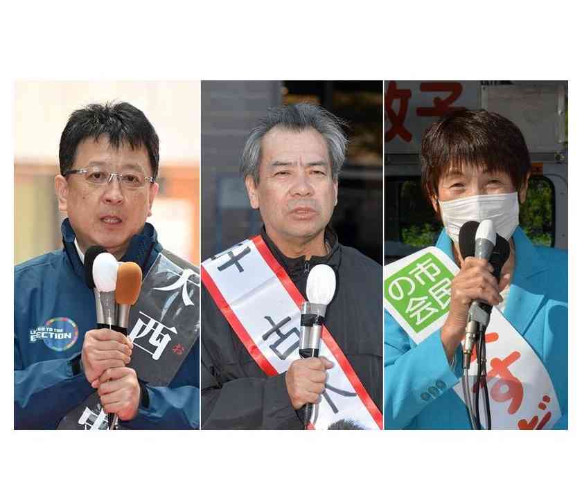 熊本市長選に立候補した大西一史氏、古木浩一氏、益田牧子氏（左から届け出順）