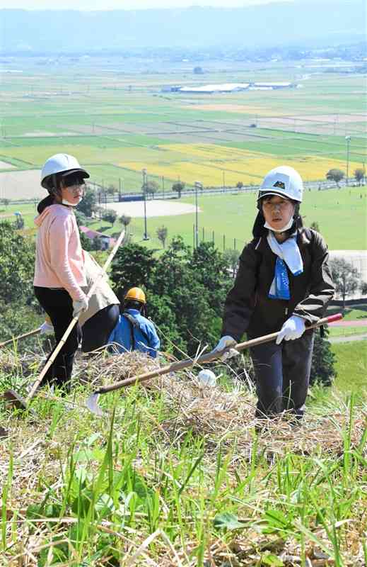 防火帯作りで刈った草を集める参加者ら＝阿蘇市