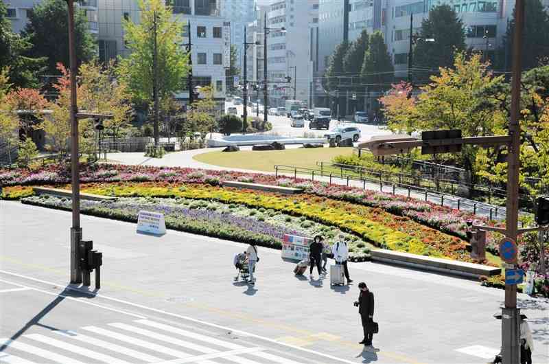 約3万株の秋の花で虹などをデザインした辛島公園のフラワーアート＝熊本市中央区