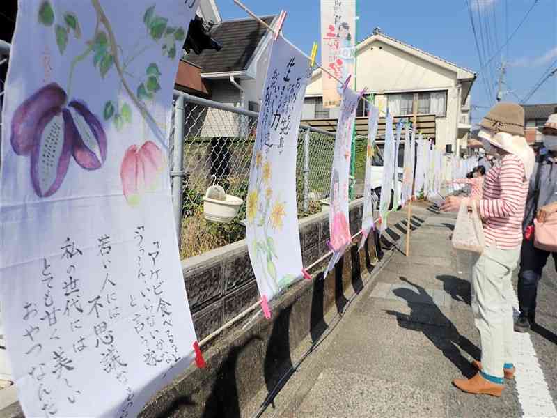 色鮮やかな手ぬぐいのアート作品が並んだ「手ぬぐい祭」＝芦北町