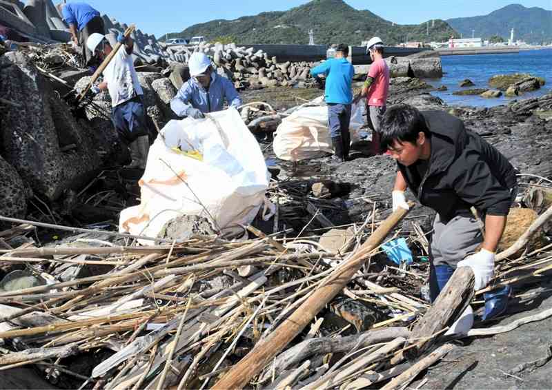 牛深港で漂流・漂着ごみを収集する牛深地区海域環境保全協議会のメンバー＝天草市