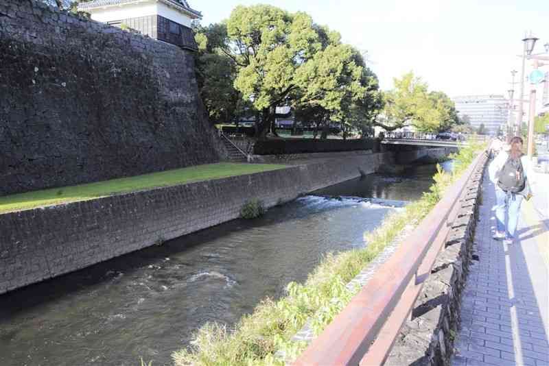 熊本城周辺を流れる坪井川。川面に泡が浮く日も多い＝熊本市中央区