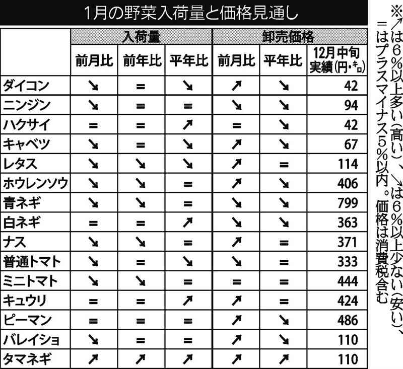 1月の野菜価格、やや高め予想　九州農政局