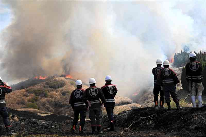 昨春の野焼きで雑木林や植林地に向かって広がる炎＝2022年4月、阿蘇市