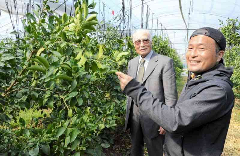 不知火を栽培する園地を移譲した鶴田徹夫さん（左）と、引き継いだ冨森識弘さん＝21日、水俣市