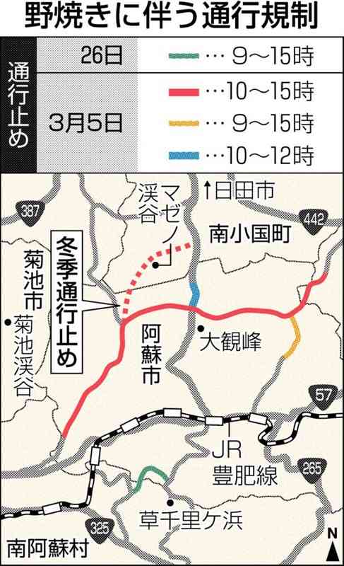 阿蘇の米塚や北外輪周辺、野焼きで通行止め　2月26日と3月5日