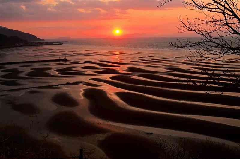 三日月形の砂紋、夕日であかね色 宇土市の御輿来海岸、絶景の季節