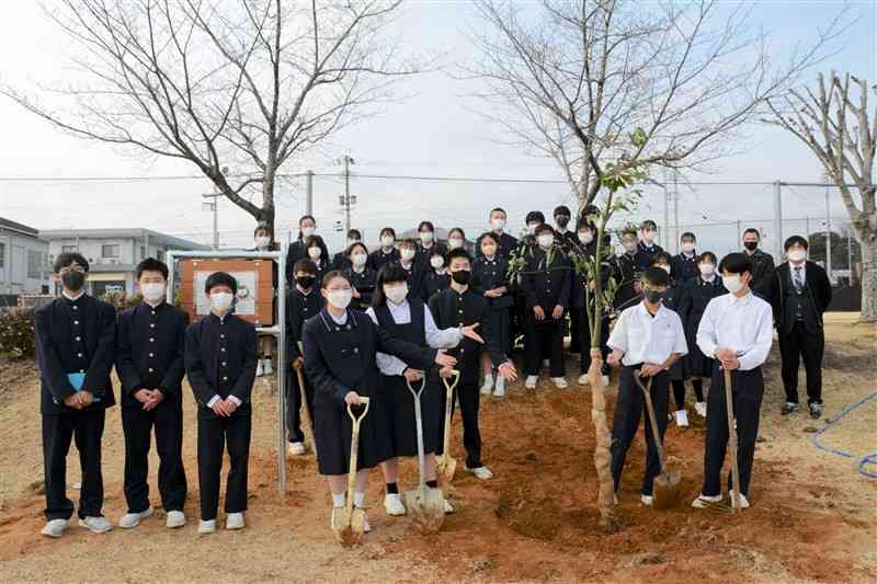 県指定天然記念物「寂心さんの樟」の種から育った苗木を校庭に植樹した北部中の生徒ら＝熊本市北区