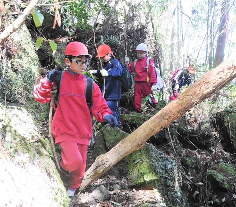 平小城小のお別れ遠足で、目印を頼りに進む児童たち＝山鹿市