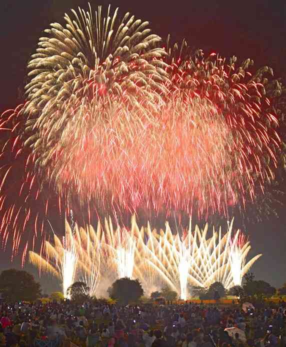 1万発を超える花火が夜空を彩った2019年8月の江津湖花火大会＝熊本市東区（小野宏明）