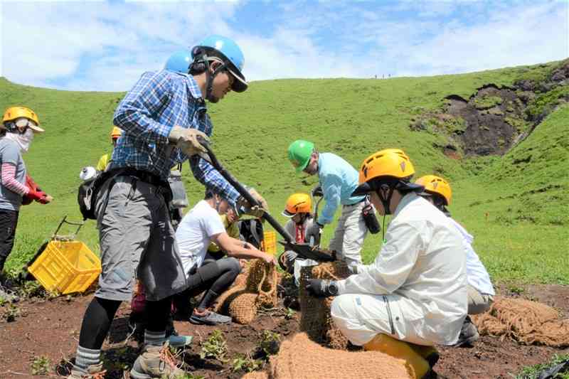 登山道の修復に使う土のうを杵島岳の火口跡で作る参加者ら＝阿蘇市