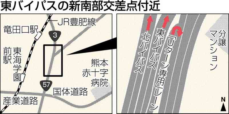 「曲がった先に道がない」右折レーンを「Uターン専用」に　熊本市の東バイパス・新南部交差点　国交省が道路標示変更