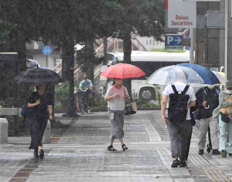 降りしきる雨の中、傘を差して歩く人々＝30日午前11時5分ごろ、熊本市中央区のサンロード新市街入り口（石本智）