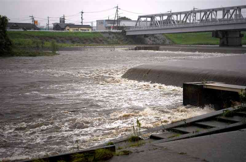 大雨で増水した白川。右は薄場橋＝1日午前6時30分ごろ、熊本市南区（小野宏明）