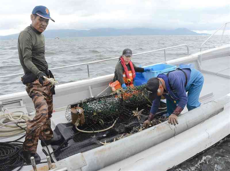 有明海の海底を耕運し、器具を船上に持ち上げる漁業者。ヒトデやカニが網にかかっていた＝19日、熊本市西区