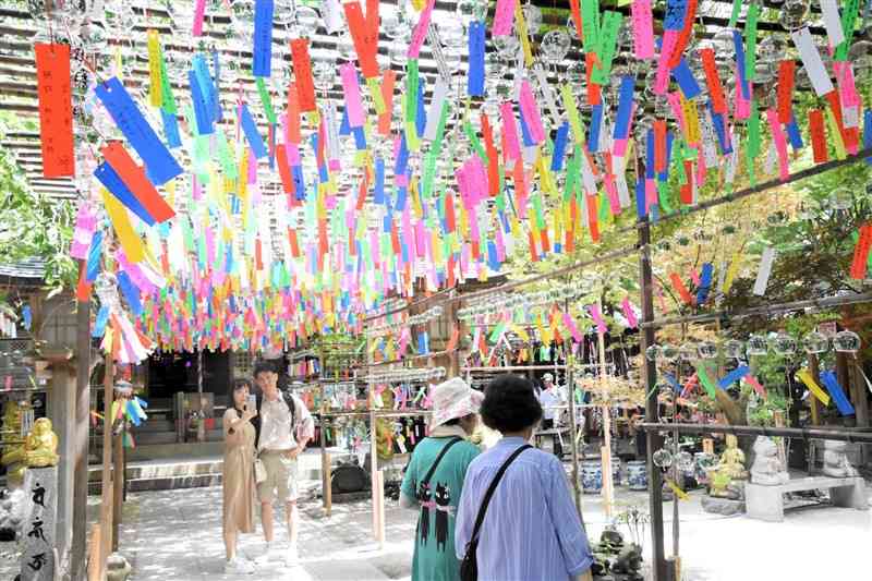 「如意輪寺（かえる寺）」では9月末まで風鈴まつりが開かれている＝小郡市