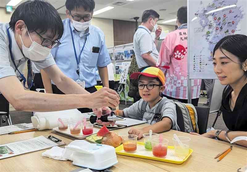 九州農政局のブースで、野菜や果物の糖度を調べる参加者＝2日、熊本市西区