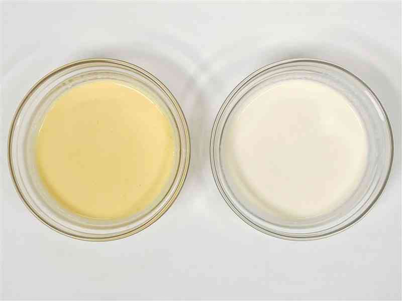 DAIZが開発した「ミラクルエッグ」（右）は、液卵と混ぜ合わせた「ハイブリッド液卵」（左）としての利用を見込む（同社提供）