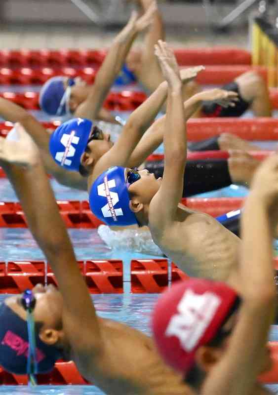 　<b>【号砲】</b>水泳男子5年50メートル背泳ぎ予選で、勢いよくスタートする選手たち＝アクアドームくまもと（石本智）