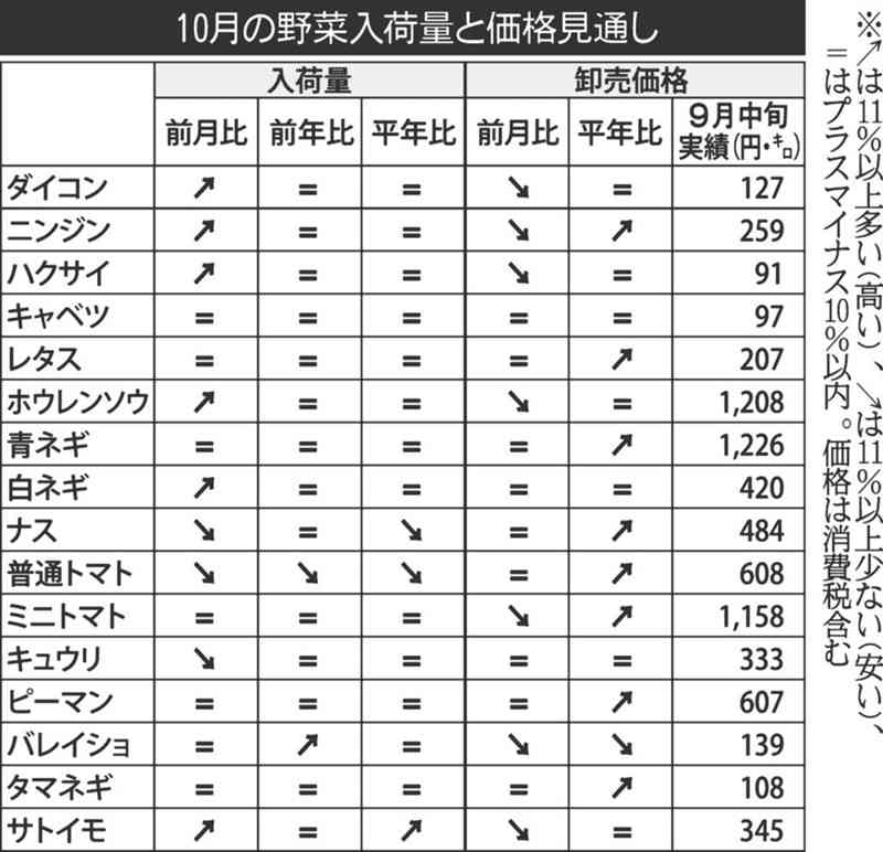 10月の野菜入荷量は前月並み、価格は前月下回る見通し　九州農政局　猛暑の影響で平年より高値の品目も