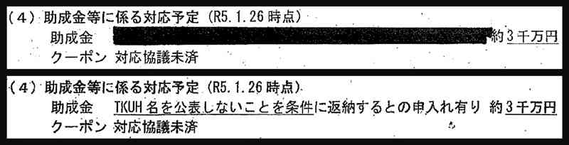 画像㊤は熊日に県が一部黒塗りで開示した文書。画像㊦は、公益通報者代理人が報道各社に提供した文書（いずれも抜粋）。黒塗り部分は、社名非公表を条件に返納の申し入れがあったことが記載されていた