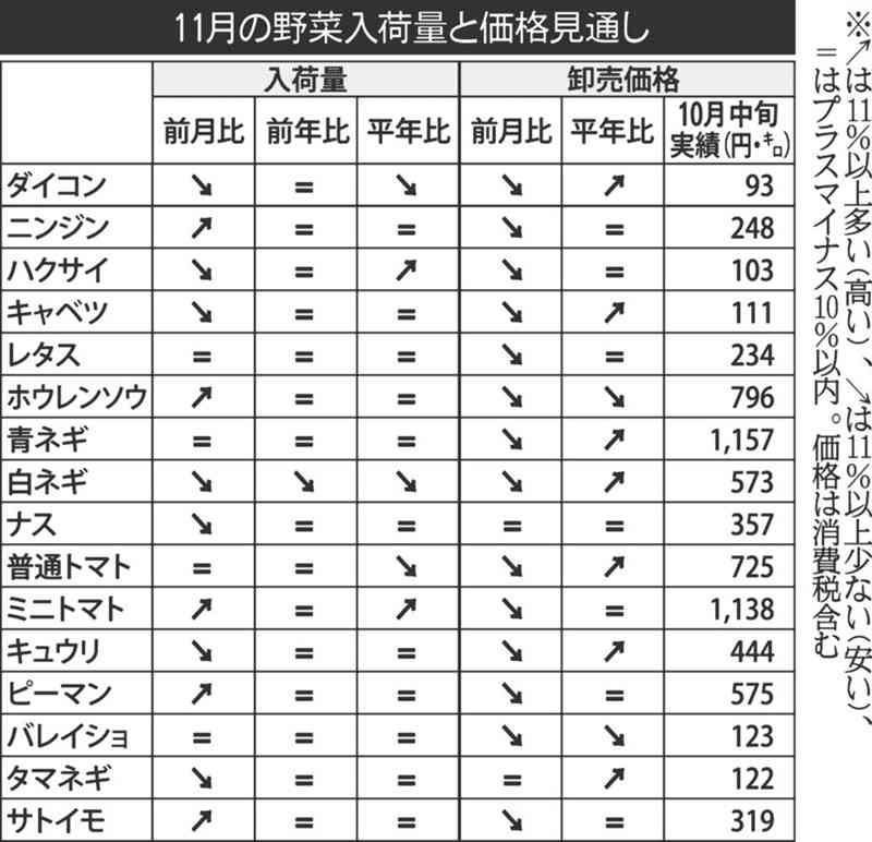 11月の野菜入荷見通しは入荷量、価格ともに下回る　九州農政局