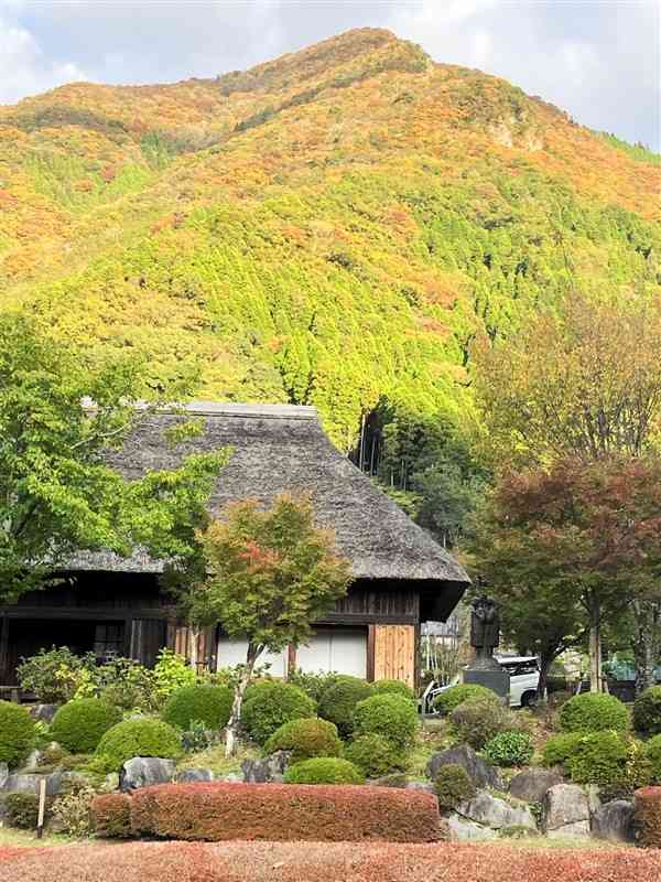 かやぶき民家の背後の山に西日が当たり、色づいた木々を浮かび上がらせていた