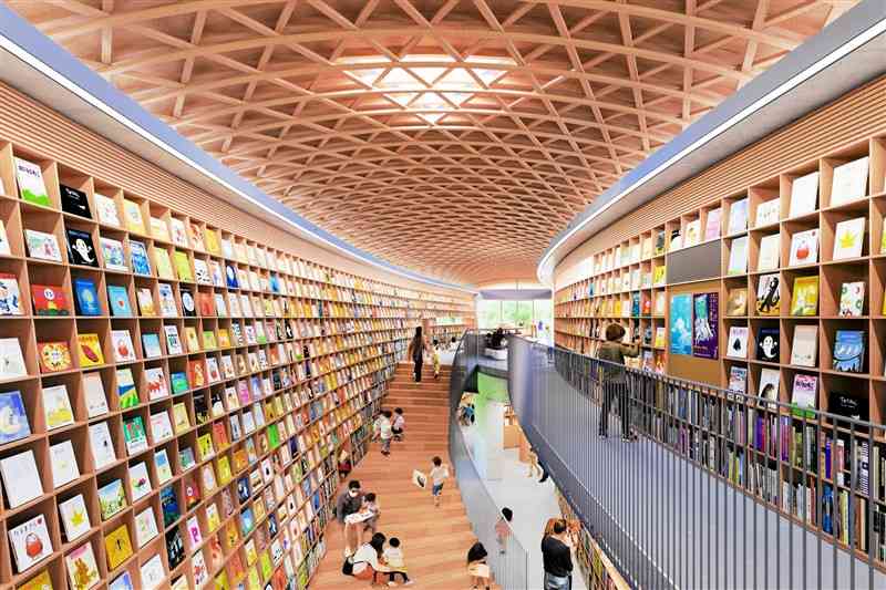 建築家の安藤忠雄さんが手がけ、県に寄贈する図書館の館内イメージ。壁一面に本棚を備え付ける（県提供）