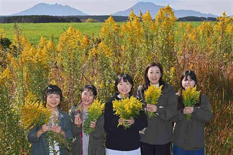 セイタカアワダチソウの花を使ったハーブティーを作る「＋botanical　ubu」の武本多恵さん（左）、玉利和代さん（左から2人目）と、開発を支援した「うぶやま未来ラボ」のメンバーら＝産山村（上杉勇太）