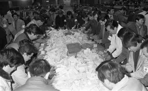 県知事選挙の開票の様子＝1983年2月6日、熊本市