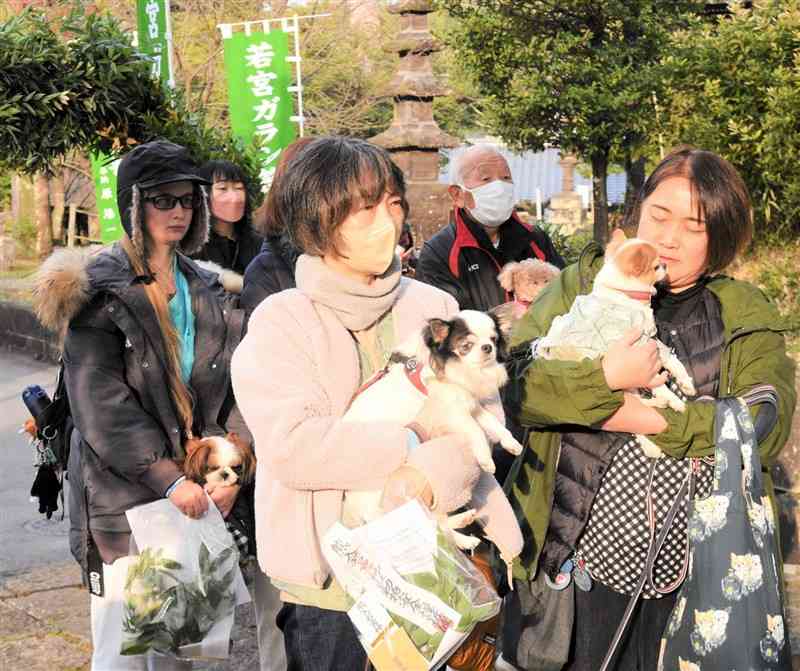 若宮神社のガランザサ祭りで、愛犬や縁起物の笹の葉を手にした参拝者たち。神事にはウクライナ出身の女性（左）も参列した＝6日、山鹿市