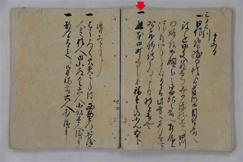 寛永15（1638）年2月の熊本藩奉行所の日報。13日に「熊本御町中」から「ねすミのふん五升」を送ったと記す。熊本町の一般住民が調達した原料で作られた焼夷弾や火矢で原城は焼かれ、多くの女性や子供を含む籠城勢が焼け死んだのである。（公益財団法人永青文庫所蔵）