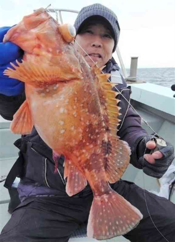 釣り揚げた沖ガラカブを手にする中島康夫さん＝天草市の牛深沖