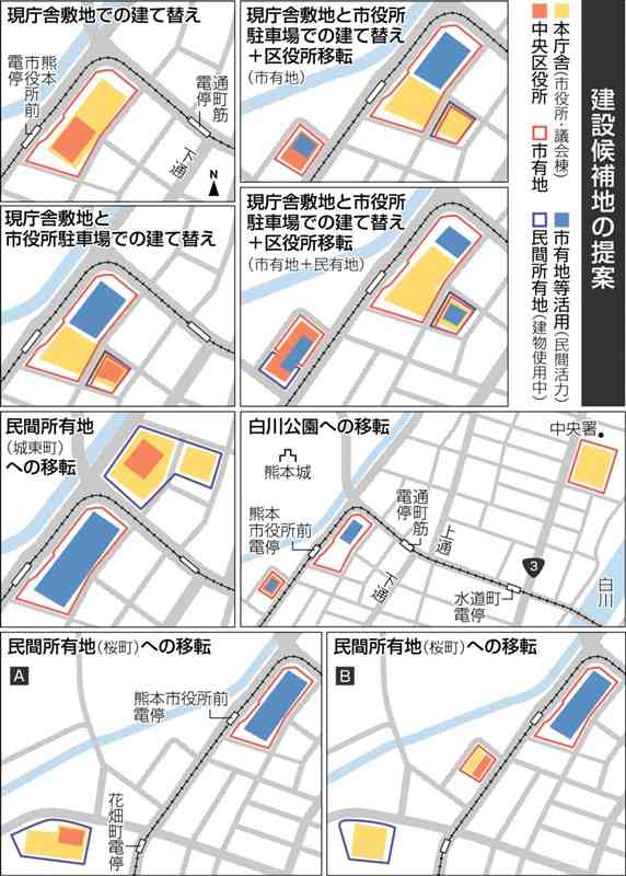 熊本市役所の建て替え候補地、4カ所から絞り込みへ　現在地、城東町、桜町、白川公園　概算事業費470億円と試算