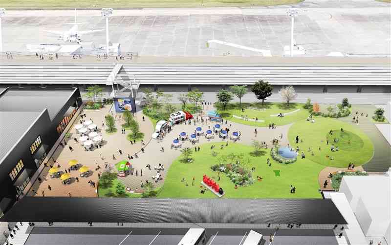 熊本空港の2期工事エリア「そらよか」の完成イメージ。広場と商業棟（左端）、ビジターセンター（右端）で構成する（熊本国際空港提供）