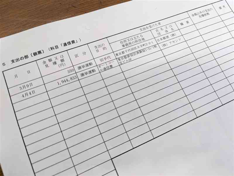 熊本県知事選に関する木村敬氏の選挙運動費用収支報告書。支出として「オートコール通信費」の194万4833円も記載している