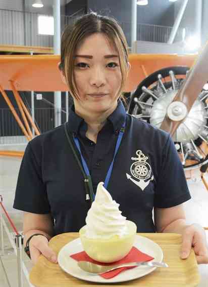 錦町産のホームランメロンにのせたソフトクリーム。さわやかな香りと濃厚な味わいを楽しめる＝7日、錦町