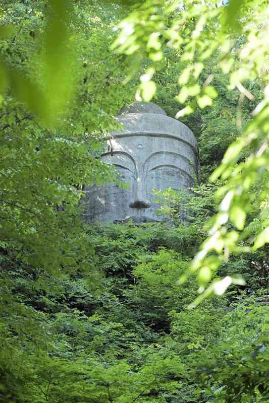 草木の中から顔をのぞかせる大釈迦座像＝玉名市