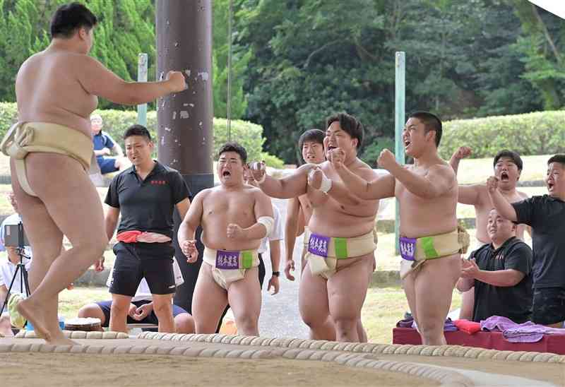 【相撲団体決勝・熊本農－文徳】優勝が決まり喜ぶ熊本農の選手ら＝熊本県民総合運動公園（上杉勇太）