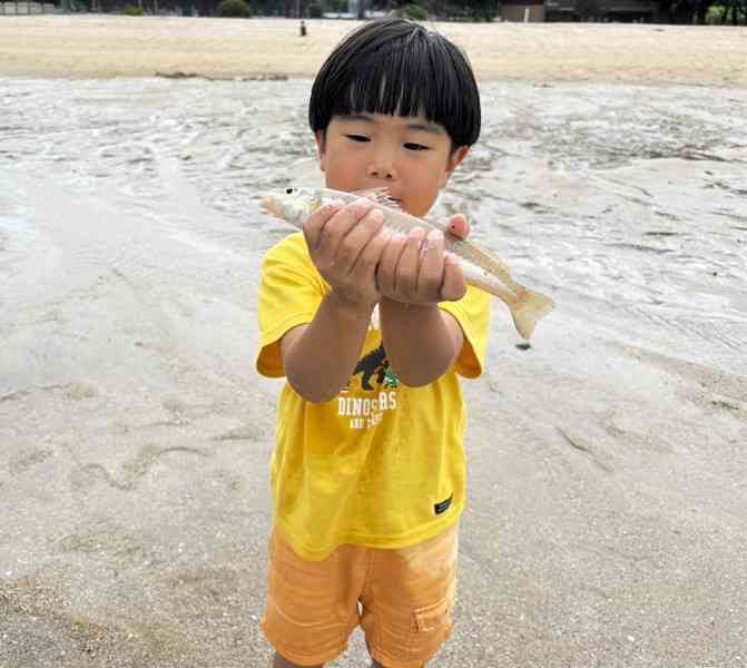 25センチの良型キスを見せる上村櫂士ちゃん＝芦北町の鶴ケ浜海水浴場