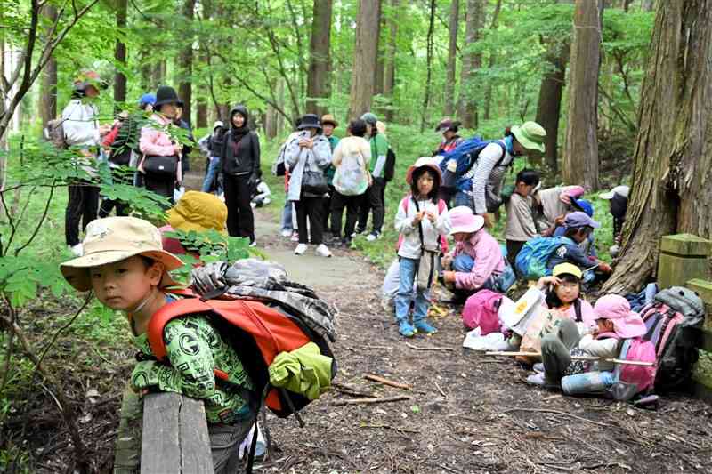 豊かな自然の中で過ごす子どもたちの様子を視察する韓国の幼稚園長ら＝6日、高森町