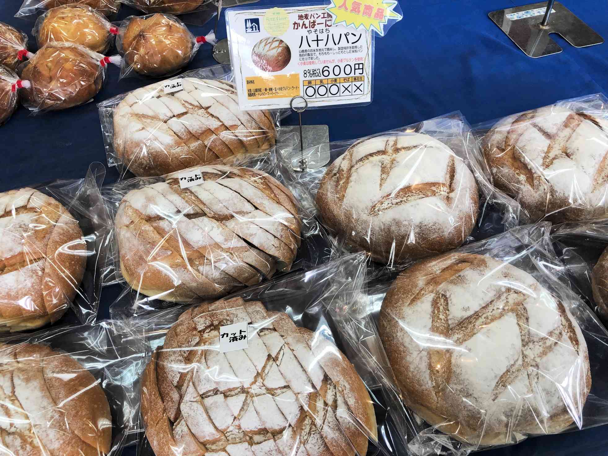 道の駅「水辺プラザかもと」内のパン工房で販売している米粉パン。JA鹿本が生産した米粉を使っている＝山鹿市